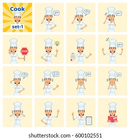 Big set of female cook emoticons showing different actions, gestures, emotions. Cheerful chef talking on phone, holding stop sign, document, book and doing other actions. Simple vector illustration