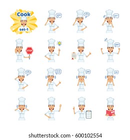 Big set of female cook emoticons showing different actions, gestures, emotions. Cheerful chef talking on phone, holding stop sign, document, book and doing other actions. Simple vector illustration