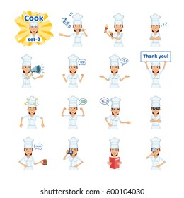 Big set of female cook emoticons showing different actions, gestures, emotions. Cheerful chef singing, sleeping, holding loudspeaker, banner, menu and doing other actions. Simple vector illustration