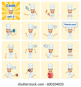 Big set of female cook emoticons showing different actions, gestures, emotions. Cheerful chef singing, sleeping, holding loudspeaker, banner, menu and doing other actions. Simple vector illustration