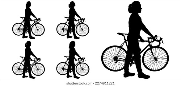 Big set of female cyclists silhouettes. Girl with a bicycle. A woman walks with a bicycle, holding the steering wheel. Cycling. Side view. Black color silhouette isolated on white background.