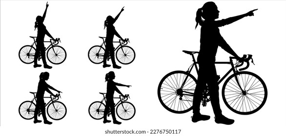 Big set of female cyclists silhouettes. Girl with a bike. A woman walks with a bicycle, her hand points forward, to the sides. Search for a route. Cycling. Side view. Black color silhouette isolated