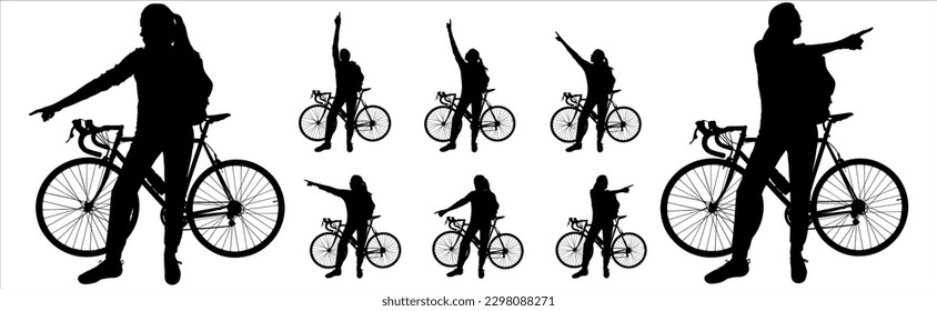 Big set of female cyclists silhouettes. A girl with a large tourist backpack behind her is standing near a bike. Point to the sides with your hand. Side view. Black color silhouette isolated on white