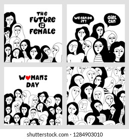 Big set with female faces card and motivating lettering compositions - girl power and feminism concept. International Women's Day.