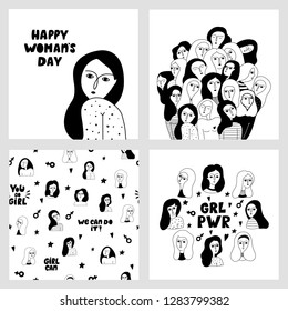 Big set with female faces cards and motivating lettering compositions - girl power and feminism concept. International Women's Day.