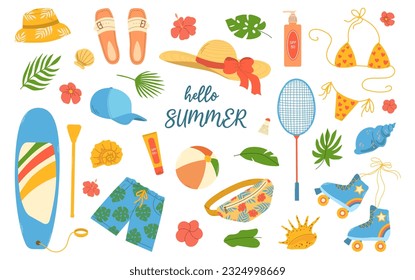 Big set female and male beach summer swimsuits, hats, shoes, bag, cream spf and items activities. Flat hand drawn colorful vector illustration isolated on white background.