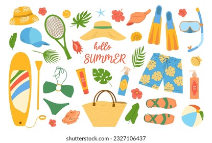 Big set female and male beach summer items. Swimsuit, hat, shoes, bag, seashell, cream spf, sup board, tennis racket, mask and fins. Flat hand drawn colorful vector illustration isolated on white back