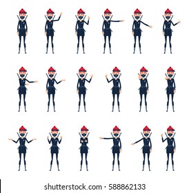 Big set of female ninja characters showing different hand gestures. Cheerful ninja showing thumb up, pointing, greeting, victory, stop sign and other hand gestures. Simple vector illustration