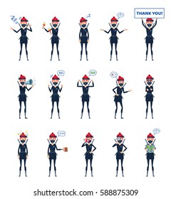 Big set of female ninja characters showing different actions, gestures, emotions. Cheerful ninja singing, sleeping, holding banner, loudspeaker, map and doing other actions. Simple vector illustration