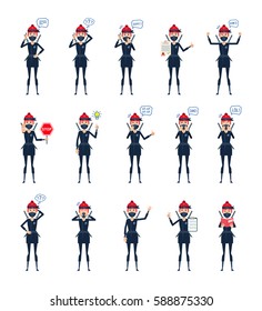 Big set of female ninja characters showing different actions, gestures, emotions. Cheerful ninja talking on phone, holding stop sign, document and doing other actions. Simple vector illustration