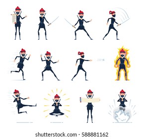 Big set of female ninja characters showing different actions, gestures, emotions. Cheerful ninja running, jumping, meditating, attacking, in rage and doing other actions. Simple vector illustration
