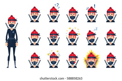 Big set of female ninja emoticons. Ninja emojis showing different facial expressions. Angry, dazed, sleepy, in rage, think, tired, serious, sad, happy and other emotions. Simple vector illustration