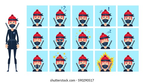 Big set of female ninja emoticons. Ninja emojis showing different facial expressions. Angry, in rage, surprised, dazed, tired, in love, serious, kiss and other emotions. Simple vector illustration