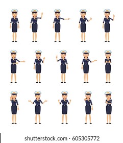 Big set of female pilot characters showing different hand gestures. Cheerful airwoman showing thumb up, pointing, greeting, victory, stop sign and other hand gestures. Simple vector illustration