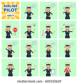 Big set of female pilot emoticons showing different actions, gestures, emotions. Cheerful airwoman talking on phone, holding stop sign, clipboard and doing other actions. Simple vector illustration