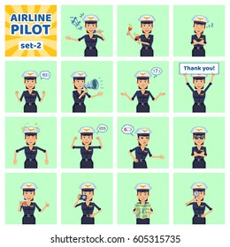 Big set of female pilot emoticons showing different actions, gestures, emotions. Cheerful airwoman singing, sleeping, holding loudspeaker, banner and doing other actions. Simple vector illustration