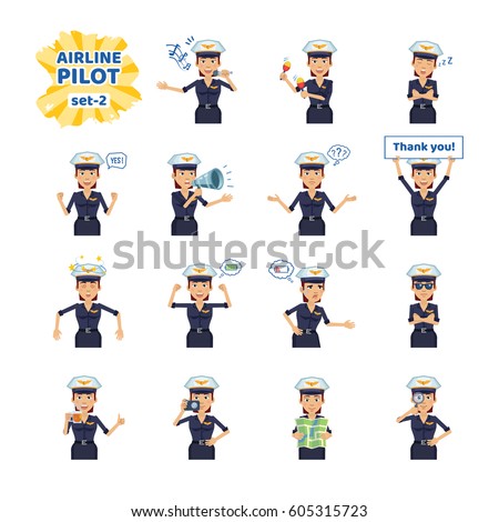 Big set of female pilot emoticons showing different actions, gestures, emotions. Cheerful airwoman singing, sleeping, holding loudspeaker, banner and doing other actions. Simple vector illustration