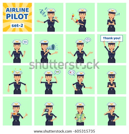 Big set of female pilot emoticons showing different actions, gestures, emotions. Cheerful airwoman singing, sleeping, holding loudspeaker, banner and doing other actions. Simple vector illustration