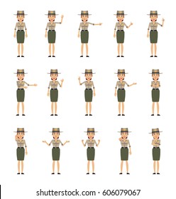 Big set of female sheriff characters showing different hand gestures. Cheerful policewoman showing thumb up, greeting, pointing, victory, stop sign and other hand gestures. Simple vector illustration