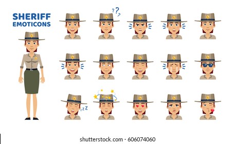 Big set of female sheriff emoticons. Police officer emojis showing different facial expressions. Happy, sad, smile, laugh, surprised, angry, dazed, kiss and other emotions. Simple vector illustration