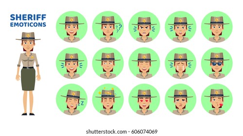 Big set of female sheriff emoticons. Police officer emojis showing different facial expressions. Happy, sad, smile, laugh, surprised, angry, dazed, kiss and other emotions. Simple vector illustration