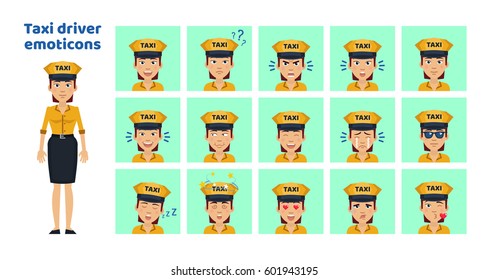 Big set of female taxi driver emoticons. Taxi driver emojis showing different facial expressions. Happy, sad, smile, laugh, surprised, serious, in love and other emotions. Simple vector illustration