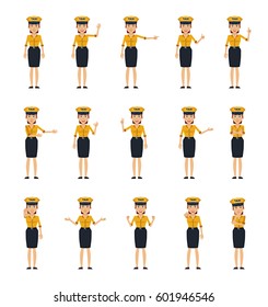 Big set of female taxi driver characters showing different hand gestures. Cheerful taxi driver showing thumb up, greeting, victory, stop sign and other hand gestures. Simple vector illustration
