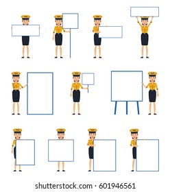 Big set of female taxi driver characters posing with different blank banners. Cheerful taxi driver holding paper, poster, placard, pointing to whiteboard. Teach, advertise. Simple vector illustration