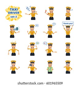 Big set of female taxi driver emoticons showing different actions, gestures, emotions. Cheerful driver singing, sleeping, holding loudspeaker, map and doing other actions. Simple vector illustration