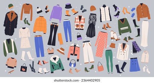 Big set of female winter clothing. Flat vector art