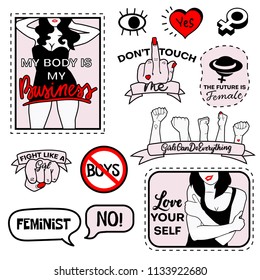 Big set of feminist slogans and labels. Fight like a girl, my body my business, don't touch me, girls can do anything, future is female. Vector illustration with motivational girl quotes and lettering