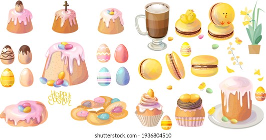 Großes Set mit festlichen Desserts für Ostern. Kuchen, bemalte Eier und traditionelle Frühlingssüße einzeln auf weißem Hintergrund.  Gelb und Rosa. Illustration für Restaurant und Café-Menü.