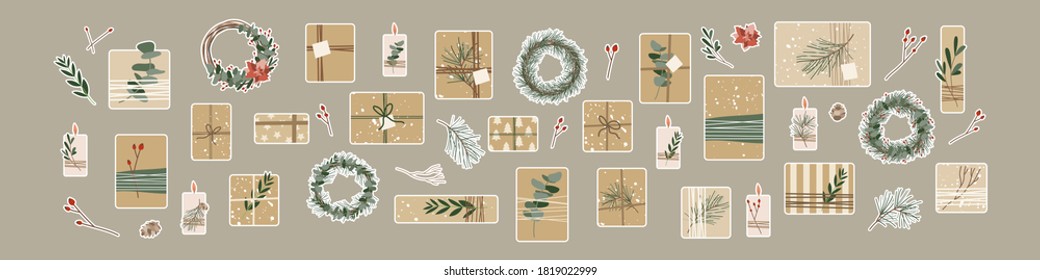 Big set of festive stickers. Different christmas presents in kraft paper and wreaths. Rustic gift box. Eco decoration, eucalyptus, spruce. Xmas and New Year celebration preparation. Vector flat style