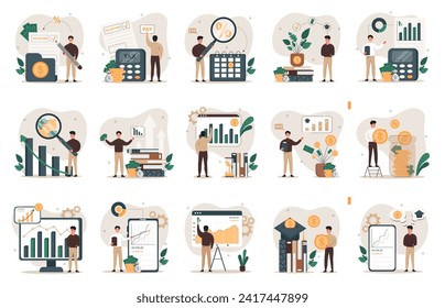 Big set of financial vector illustrations. People in different situations: taxation, financial growth, stock market, financial planning, financial literacy and others. Finance concept.