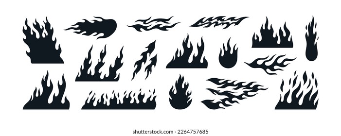 Big set with fire. Different shapes of flames, bonfires, lightnings. Clipart. Hand drawn vector illustrations in black color isolated on white background. Design elements, tattoo design.