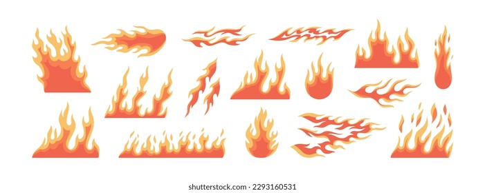 Big set with fire. Different shapes of flames, bonfires, lightnings. Clipart. Hand drawn vector illustrations in yellow and red colors isolated on white background. Design elements, tattoo design.