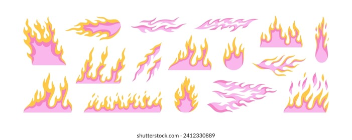 Big set with fire. Different shapes of flames, bonfires, lightnings. Clipart. Hand drawn vector illustrations in yellow and pink colors isolated on white background. Design elements, tattoo design.