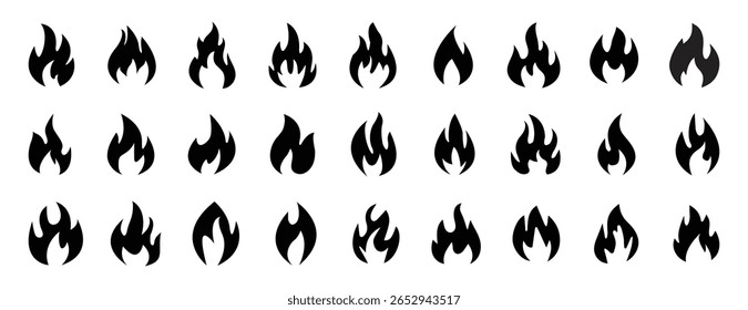 Grande conjunto de ícones do vetor da chama do fogo. Logotipo da silhueta da fogueira. Gravando coleção de ícones de chamas. Design de chama de diferentes formas. Eps de ilustração vetorial