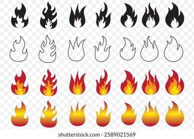 A big set of Fire icons Burning symbol. Fireball sign. fire warning sign . 1176