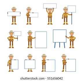 Big set of firefighter characters posing with different blank banners. Cheerful fireman holding paper, poster, placard, pointing to whiteboard. Teach, advertise, promote. Simple vector illustration