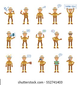 Big set of firefighter characters showing different actions, gestures, emotions. Cheerful fireman singing, sleeping, holding banner, loudspeaker and doing other actions. Simple vector illustration