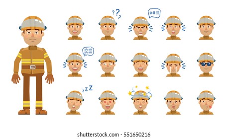 Big set of firefighter emoticons. Fireman avatars showing various facial expressions. Happy, sad, smile, laugh, surprised, serious, dizzy, sleepy and other emotions. Simple vector illustration