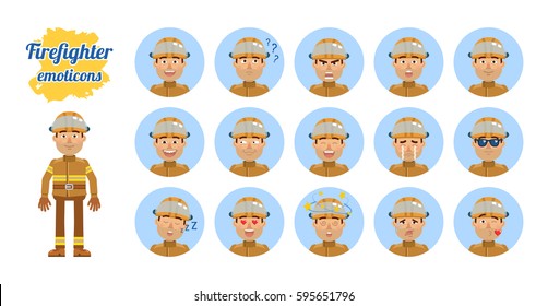 Big set of firefighter emoticons. Fireman emojis showing different facial expressions. Happy, sad, smile, laugh, surprised, serious, angry, dazed, sleepy and other emotions. Simple vector illustration