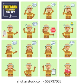 Big set of firefighter emoticons showing different actions, gestures, emotions. Cheerful fireman holding stop sign, document, book, talking on phone and doing other actions. Simple vector illustration