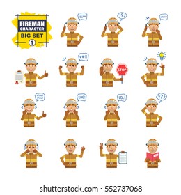 Big set of firefighter emoticons showing different actions, gestures, emotions. Cheerful fireman holding stop sign, document, book, talking on phone and doing other actions. Simple vector illustration