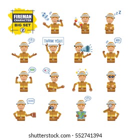 Big set of firefighter emoticons showing different actions, gestures, emotions. Cheerful fireman singing, sleeping, holding banner, loudspeaker and doing other actions. Simple vector illustration