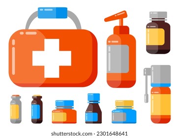 Big set of first aid kit with nasal drops, bottles with pills, sprey for throat, ampules and other medicine for healthcare. Illustration for websites, mobile applications and banners. Medical concept