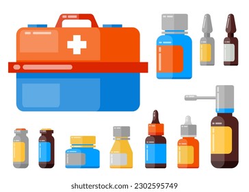 Große Set Erste-Hilfe-Kit mit Nasentropfen, Flaschen mit Pillen, Streuung für den Rachen, Ampullen und anderen Medikamenten für das Gesundheitswesen. Illustration für Websites, mobile Anwendungen und Banner. Medizinischer Begriff