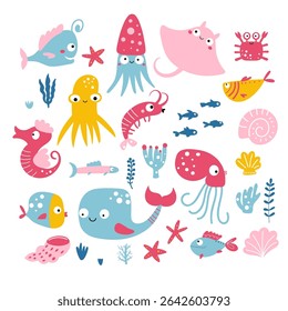 Big set with fish, sea animals and underwater plants isolated on white background. Clipart collection in cartoon style for children. Vector illustration.