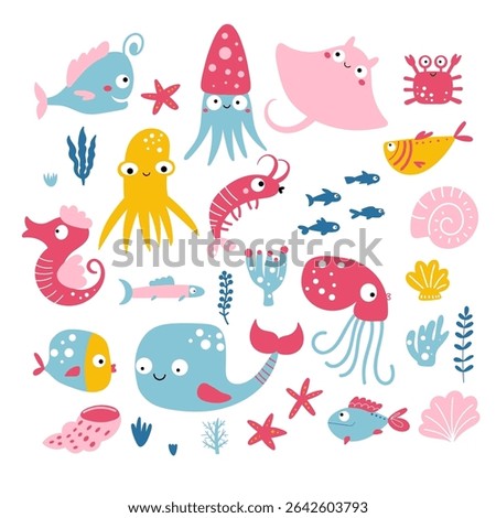 Big set with fish, sea animals and underwater plants isolated on white background. Clipart collection in cartoon style for children. Vector illustration.
